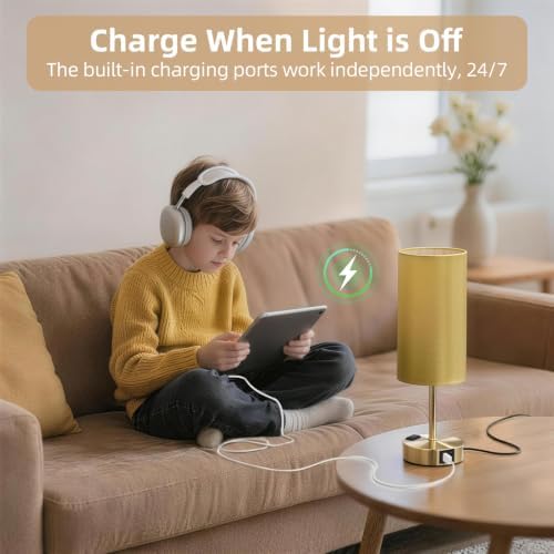 Bedside Table Lamp, Dimmable Touch, AC Outlet, USB A+C (Gold)
