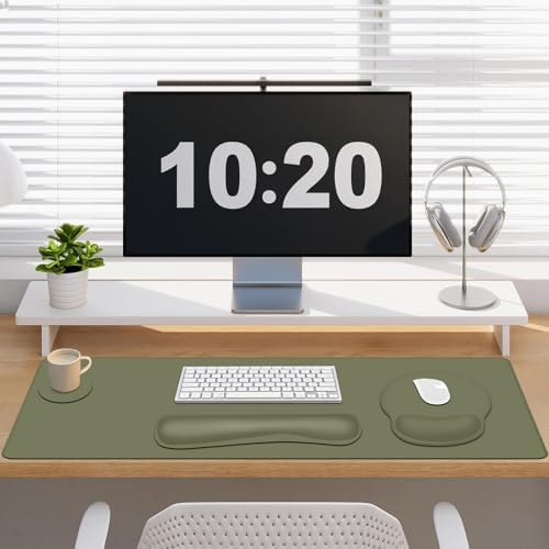4 PCS Mouse Pad Desk Mat Protector, Keyboard Wrist Rest + Comfortable Mouse Pad Wrist Rest +Coaster, Large Gaming Mousepad for Computer Laptop, 35.4"X 15.7" Deskpad for Office Home I Olive Green