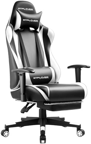 GTPLAYER Gaming Chair with Footrest, Ergonomic Computer Game Desk Chair, Reclining Gamer Chair Seat Height Adjustment, Swivel Rocker with Headrest and Lumbar (White)
