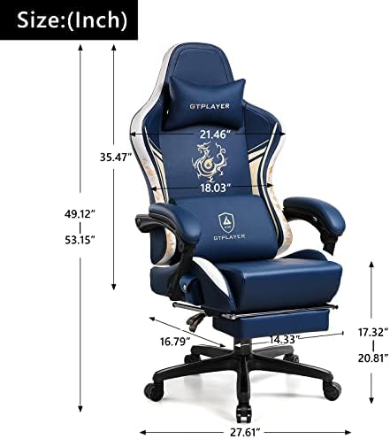 GTPLAYER Gaming Chair with Bluetooth Speakers and Footrest, Dragon Series Video Game Chair ，Heavy Duty, Ergonomic, Esports Computer Office Chair Blue (Royal Blue)