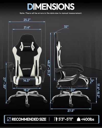 Dowinx Ergonomic Gaming Chair with Footrest & Massage Lumbar, 2D-Linkage Armrests for Computer Chair 330lbs with Headrest Pillow for Office, Home, Streaming and Long Gaming Sessions, Fabric White