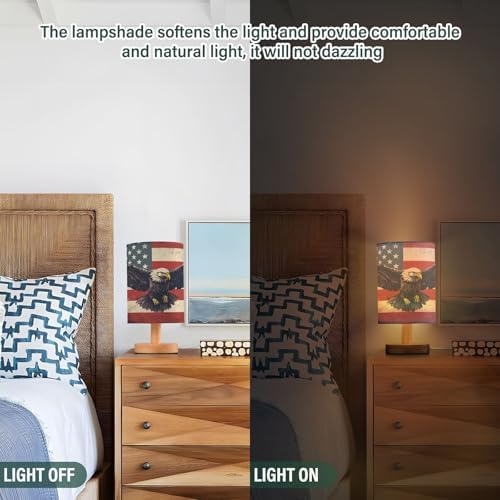 Bedside Lamp American Flag Eagle Table Lamp for Bedroom LED Nightstand Lamp Shade USB Ports Wood Base for Living Room Dorm Office
