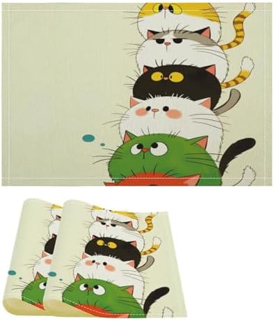 Stacked Colorful Cats Linen Placemats Set of 2PCS, Heat Resistant Non-Slip Washable Table Placemats for Dining Everyday Use Hotel Banquet Home Decor
