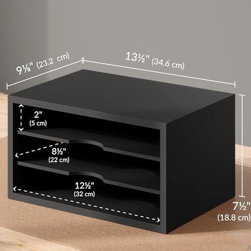 Ballucci File Organizer, 3-Tier Document Paper Sorter, Stackable Wood Desk Organizer, Mail Sorter and Monitor Stand with Storage Shelves, Black