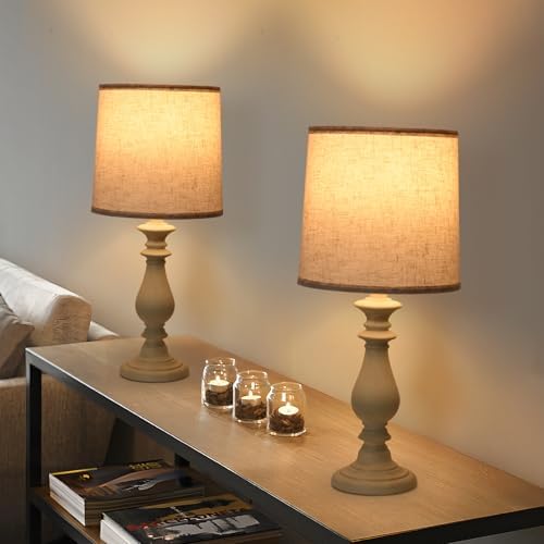 Lamps Set of 2 Vintage Rustic Farmhouse Table Lamps Bedside Reading Lamp Bedroom Nightstand Living Room Teapoy Lamp, Desk Light, 22 Inch High, with Fabric Shade (Pale Yellow, 22 Inch High)