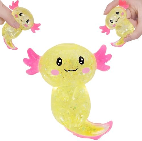 Axolotl Squishy Stress Relief Toy Glitter Fidget Toys Cute Malt Sugar Axolotl Toy Fidget Toys Adults Fidget Toy for Kids Youth Adult, Party Favors Anxiety Relief Squishy Toys(Yellow)
