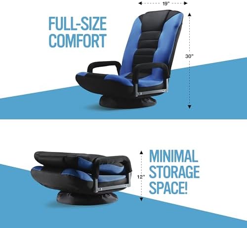 Maple99 Swivel Floor Gaming Chair - Video Lounger Enjoy 6 Different Positions, Adjustable Backrest, Removable Arm Rests, Folds to Store, Stylish Blue with Black Center Stripe