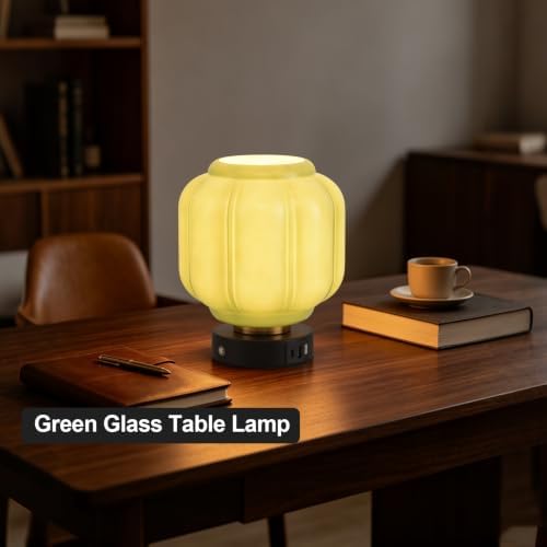 Rechargeable Table Lamp, Cordless Green Glass Bedside Lamp Small