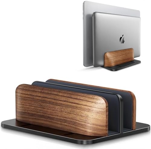 LOXP Vertical Laptop Stand, Dual Slot Wooden + Aluminum Laptop Holder