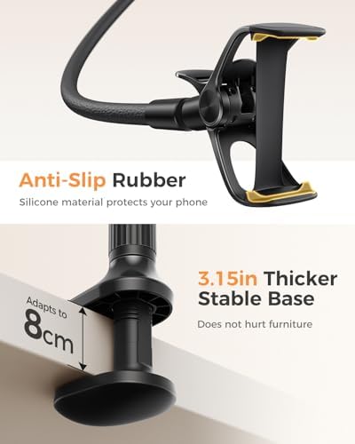 SAIJI Gooseneck Phone Holder for Bed Overall Length 38.6” Flexible Leather Wrapped Arm Overhead Cell Phone Mount Stand with 360° Adjustable Clamp Clip, Compatible with All 4-7” Cellphones (Black)