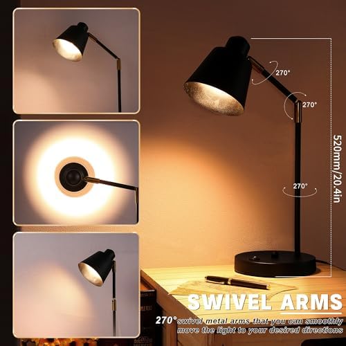 Anxingtools LED Desk Lamp with Dual USB Charging Ports, 100% Metal, 270° Swivel Arms, Soft White Light (3000K), Bedside Reading Lamp, Home Office Lamp (Black)