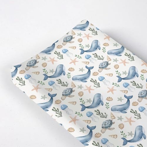 Watercolor Ocean Whale Sea Turtle Starfish Seashells Pattern Baby Changing Pad Cover, Unisex Sea Animal Nursery Diaper Changing Table Pad Mat Sheet for Boys Girls-16x32