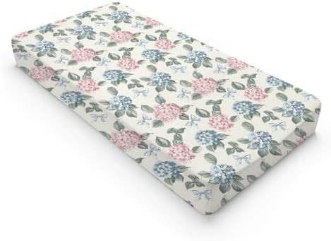 Spring Hydrangea Floral Leaves Bows Baby Changing Pad Cover, Unisex Flowers Nursery Diaper Changing Table Pad Mat Sheet for Boys Girls-16x32