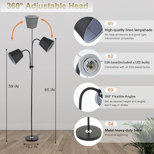 Floor Reading Lamp, Adjustable Height Bendable Short Standing Corner Lamps (Black2-Linen)