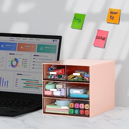 Desk Organizer with 5 Drawers, Rectangular Office Stationery Supplies Desktop Drawers, Plastic Makeup Storage, Suitable for Office, School, Home (Pink & 5 Drawers)