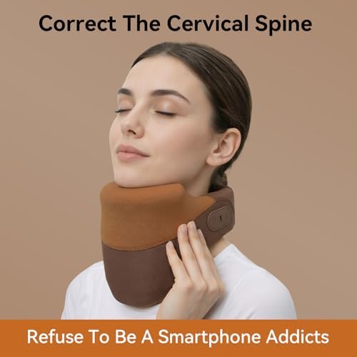 Yunari Cordless Neck Brace for Cervical Spine Posture Correction and Support, Patented Traction Device with Intelligent Adjust and Hot Compress, Neck Brace for Men and Women, （Brown, Medium）