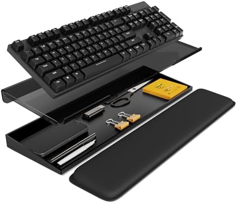 Laborio Computer Keyboard Stand with Storage Box, Keyboard Riser Wrist Rest for Desktop, Office Desk Organizer Accessories(Clear Black)