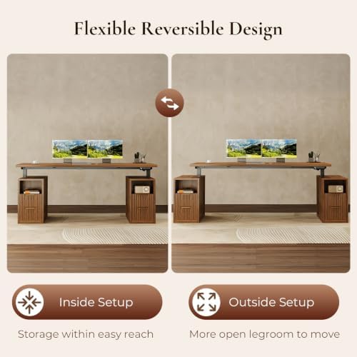 OffiGo Fluted 63 Inch Electric Standing Desk with 2 Storage Cabinet, Walnut