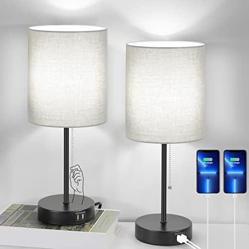 17.3'' Table Lamps Nightstand Set of 2 with 2 USB & AC Outlet, Grey
