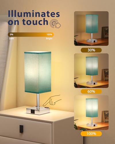 Turquoise Touch Table Lamp for Bedroom - Dimmable, USB C+A, 2 AC Outlets