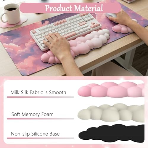 Pink Cloud Large Mouse Pad for Desk Cloud Keyboard Wrist Rest 4PCS Extended Cloud Desk Mat Pad Set Memory Foam Non-Slip Ergonomic Cute Gaming Mouse Pad Wrist Support for Computer Laptop Home Office