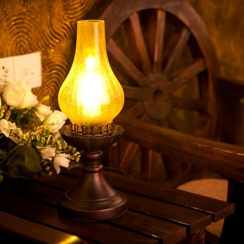 Moroccan Lanterns Vintage Antique Bedside Table Lamp，Victorian Retro Hurricane Amber Glass Desk Lamp-Brown Antique Copper