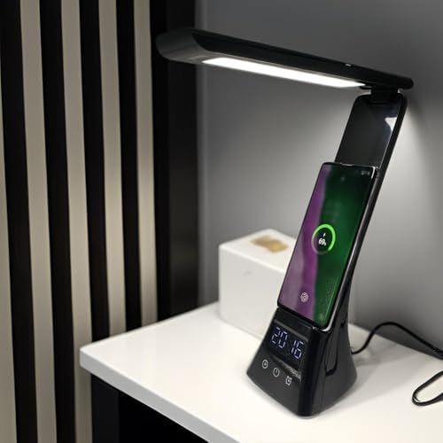 Eye-Care Desk lamp with Smartphone Charging Function, can be Used as a Cell Phone Holder, Touch Switch, with Electronic Clock and Alarm Clock, Three Soft Light, with USB Charging Cable