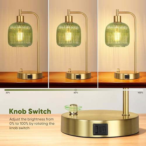 Green Glass Table Lamps Set of 2, Dimmable Bedside Lamps for Living Room