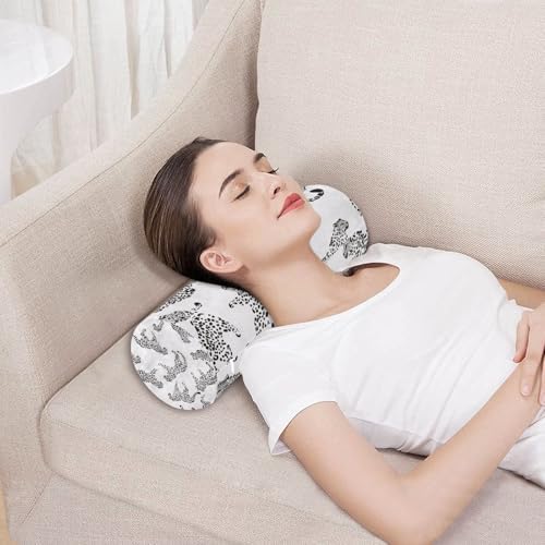 White Leopard Print Neck Roll Pillow - Extra Dense Memory Foam Round Cylinder Bolster for Cervical Support, Spondylosis, Neck Pain Relief