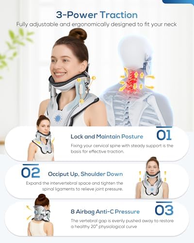 3-in-1 Cervical Traction Device, Neck Stretcher with Air Collar: Neck Pain Relief, Posture Correction & Spine Alignment in Minutes a Day - Portable Neck Brace with Manual Pump