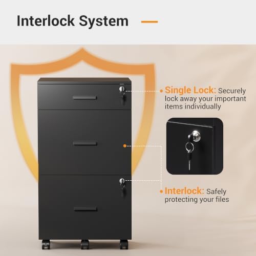 DEVAISE 3 Drawer Rolling File Cabinet with Lock, Wood Filing Cabinet fits Letter / A4 Size for Home Office, Black