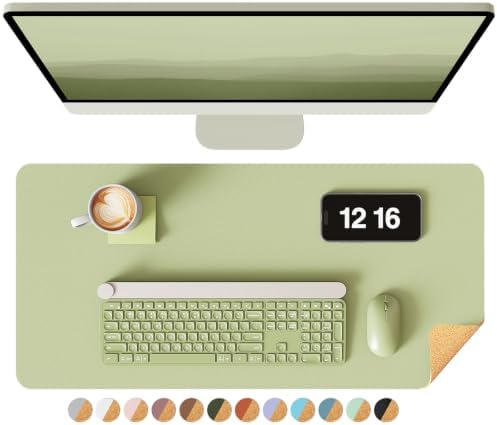 YSAGi Double-Sided Desk Pad, 23.6"x13.7" Leather Desk Mat, Eco Cork Desk Pad Protector, Large Mouse Pad for Desk, Waterproof Desk Blotter Pad, Desk Writing Pad for Office Work/Home(Matcha Green/Cork)