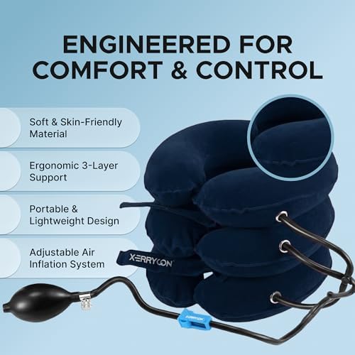 Inflatable Neck Stretcher for Neck Pain Relief, Cervical Traction Device with Hand Pump, 3-Layer Adjustable Neck Decompression Collar for Pinched Nerve, Stiff Neck & Tech Neck Support
