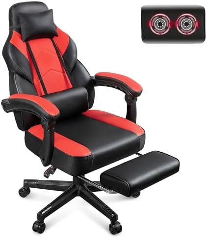 Gaming Chair for Adults, Video Game Chair with Footrest, Big and Tall Gaming Chair Heavy Duty Computer Chair with Massage Lumbar, Ergonomic Adjustable Height and 360° Swivel Seat, PU Leather, Red