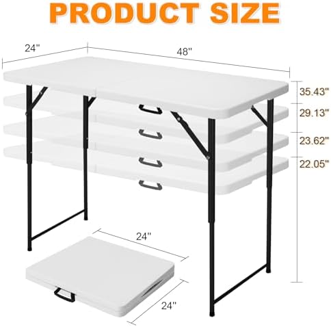 4ft Folding Table, Portable Fold-in-Half Adjustable Height Utility Table for Indoor/Outdoor Use, Durable HDPE & Steel, Stable & Lightweight, Multi-Purpose, White