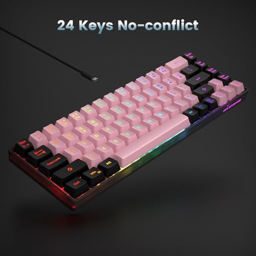 GEODMAER 65% Wired Gaming Keyboard, LED Backlit, Ultra-Compact Anti-Ghosting No-Conflict 68 Keys Membrane Gaming Wired Keyboard for PC Laptop Windows Gamer(Pink-Black)
