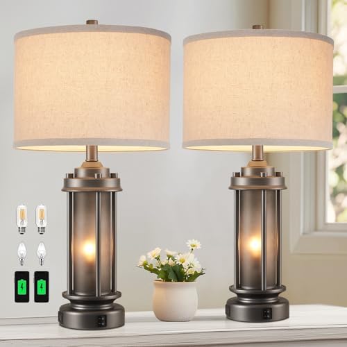 AIEAMPDO Set of 2 Farmhouse Bedroom Table Lamps with 2 USB C+A Ports