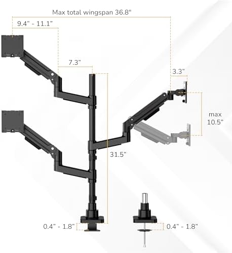 Mount-It! Heavy-Duty 2+1 Triple Monitor Mount, Stacked Ultrawide Desk Monitor Arm for One 49” Screen + Two 35” Monitors, 44 lb Gas Spring Arms, Clamp & Grommet Mount