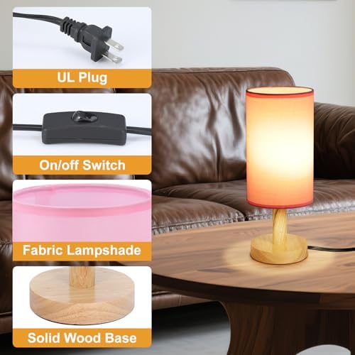 Pink Small Bedside Table Lamp for Bedroom,Natural Round Wood Base&Fabric Linen Shade,Cozy Night Table Light for Study Reading,Minimalist Boho Desk Lamp for Nightstand,Living Room,Nursery,Kitchen,Dorm