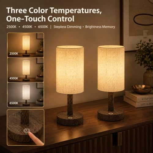 Small Rechargeable Cordless Table Lamp, Nightstand to Desk, Dark Walnut