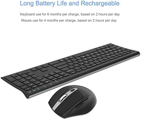 Arteck 2.4G Wireless Keyboard and Mouse Combo Stainless Full Size Keyboard and Ergonomic Mouse with Side Buttons for Computer Desktop PC Laptop and Windows 11/10/8/7 Build in Rechargeable Battery