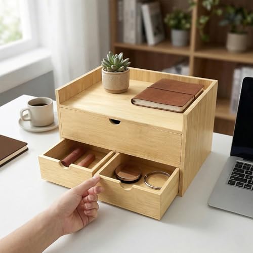 Bamboo Desk Organizer with 3 Drawers, Wood Storage Box for Office Supplies