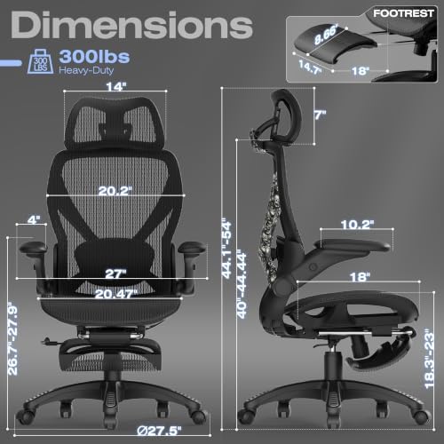 ELABEST X100 Ergonomic Mesh Office Chair with Footrest, Big and Tall Home Desk Chair with 5D Flip-Up Arms, Adjustable 3D Lumbar Support, Gaming & Executive Computer Chair (Night Reaper)