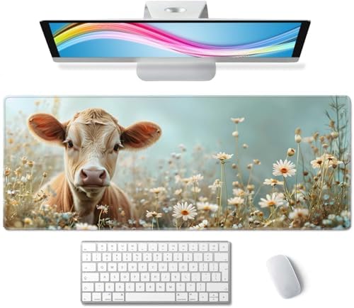 Flower and Little Cow XL Mouse Pad,Large Mouse Pad Gaming 31.5 x 11.8 in Mouse Mat Desk Pad,Extended Keyboard Mousepad Large Desk Mat with Non-Slip Rubber Base and Stitched Edge for Home Office
