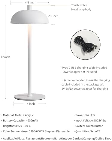 12" Cordless Table Lamps Set of 2, White Modern Portable Desk Lamp