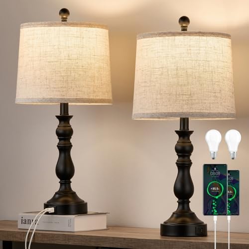 Black Table Lamps Set of 2, Black Lamps for Bedroom, USB C+A Ports