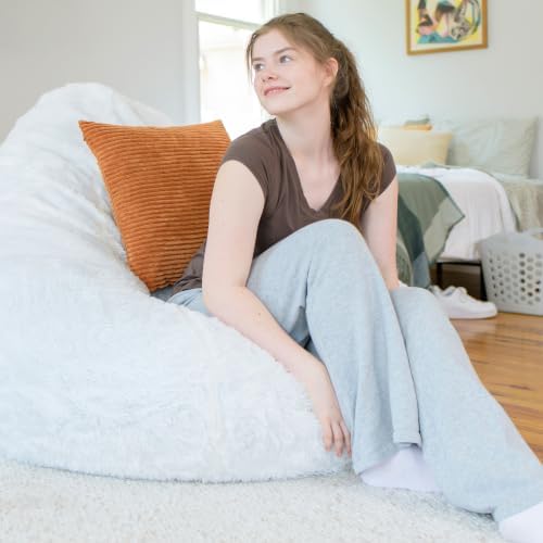 Big Large Teardrop Foam Filled Bean Bag Chair with Removable Cover, Ivory Short Shag, 4 feet Big