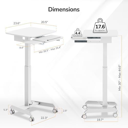 Mount-It! Height Adjustable Rolling Laptop Desk with Keyboard Tray, Mobile Sit-Stand Computer Cart with Wheels, Small Standing Desk for Home, Office, or Classroom, 23.6" x 20.5", White