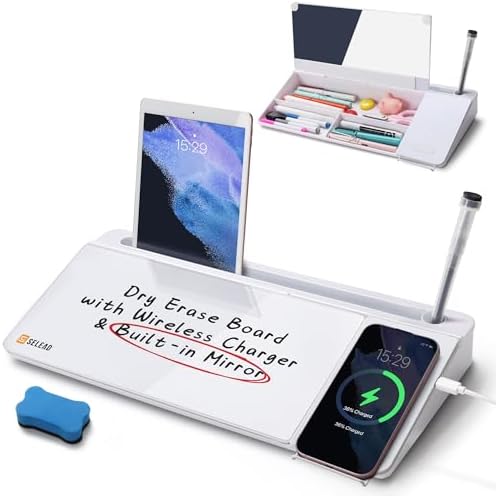 SELEAD Desktop Glass Whiteboard with Wireless Charger and Mirror, White
