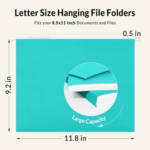 SUNEE Hanging File Folders Teal, 25 Pack Letter Size File Folders with 1/5-cut Tabs, Stay Organized for Your Home and Office Bulk File and Documents
